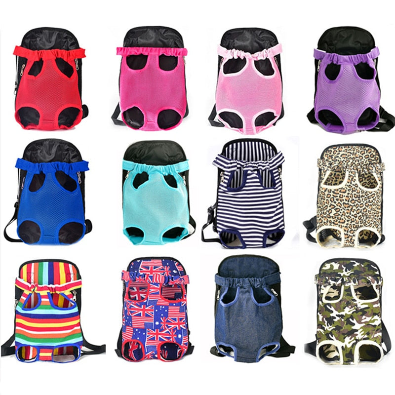Collection of colorful pet carriers in various patterns on a white background