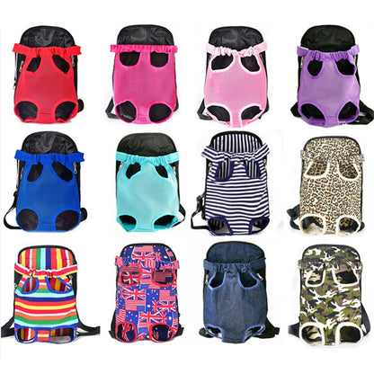 Collection of colorful pet carriers in various patterns on a white background