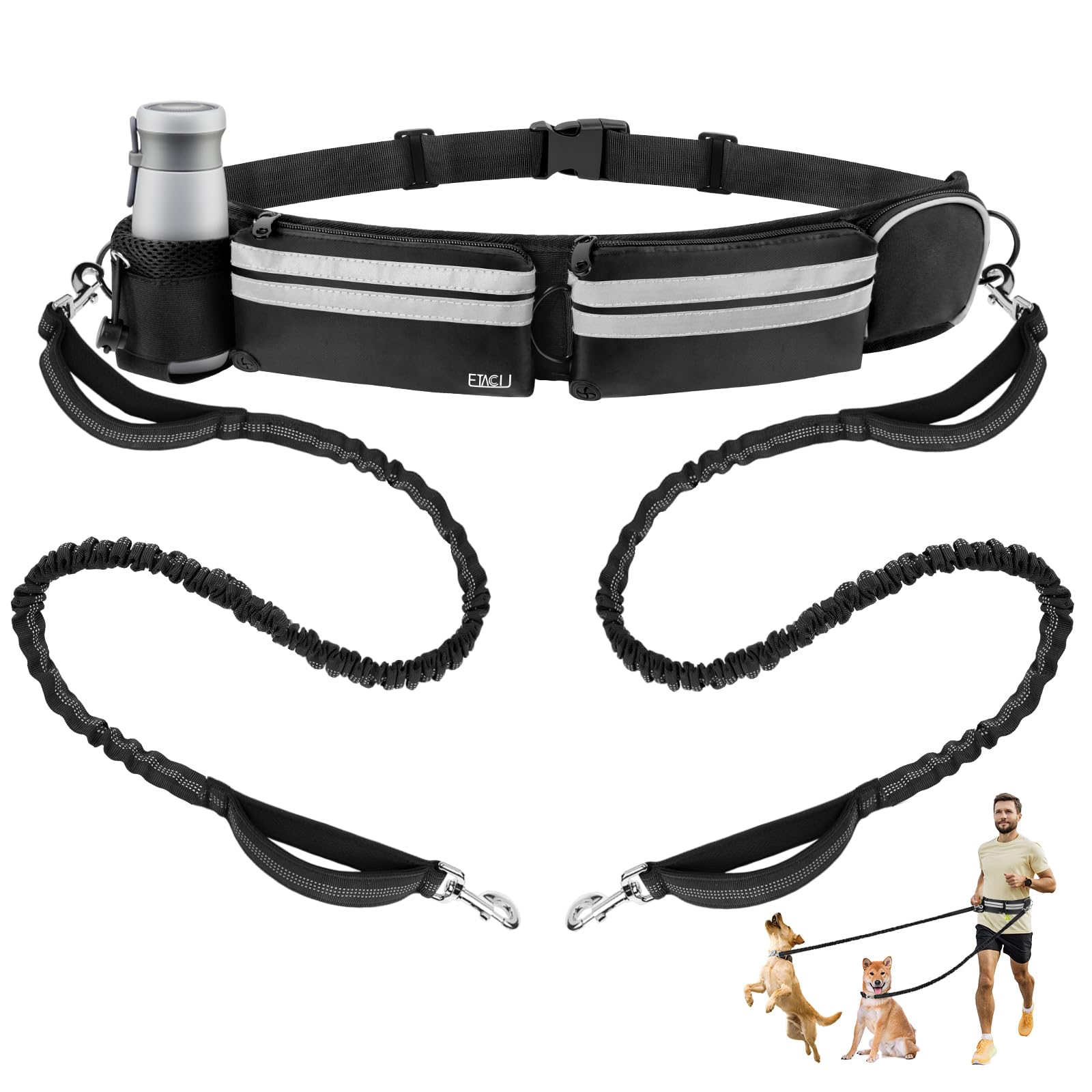Hands-free dual dog jogging leash worn around waist with dog running in park — Snout & Soul