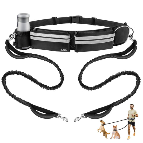 Hands-free dual dog jogging leash worn around waist with dog running in park — Snout & Soul